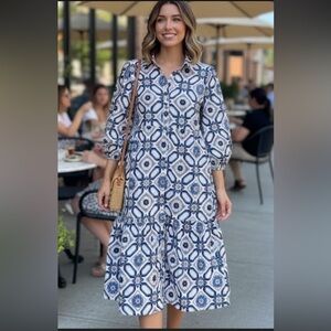 Maeve By Anthropologie Geometric Blue and White Long Sleeve Dress